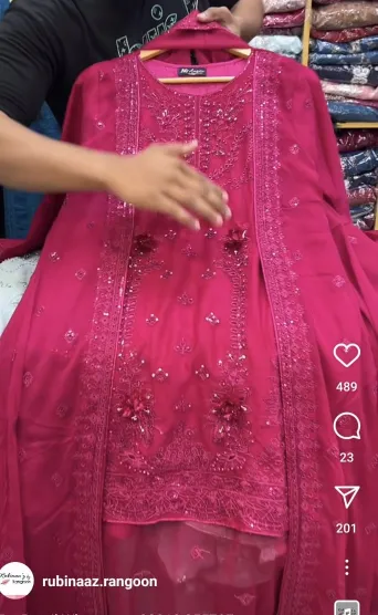 Pakistani Orginal Rangoon Chiffon Stitched 3 Pcs With Garara _ Magenta Pink 